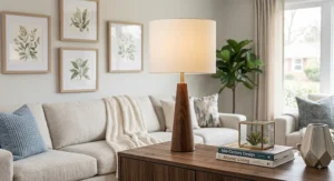 Mid-century modern table lamp featuring a walnut base and drum shade on a living room credenza