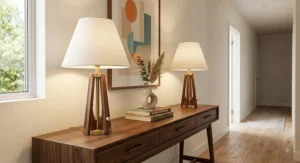 Mid-century modern table lamps set of 2 featuring walnut wood accents and warm brass details on a hallway entryway console
