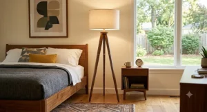 Stylish mid-century tripod lamp adding accent lighting next to a wooden platform bed.