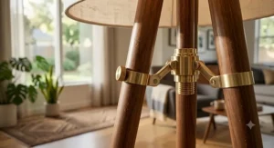 Detailed close-up illustration of brass hardware on a mid-century tripod lamp leg.