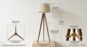 Dimensional diagram showing the height and base width of a mid-century tripod lamp.