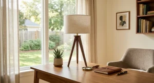 Compact mid-century tripod table lamp sitting on an oak desk in a bright home office.