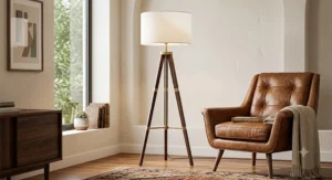 Mid-century modern walnut wood tripod floor lamp standing next to a leather armchair
