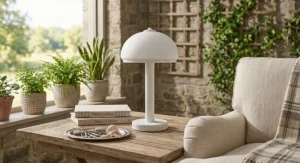 Minimalist white ceramic touch control table lamp sitting on an accent table next to an armchair in a reading nook