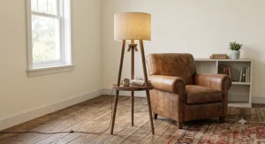 Minimalist itripod floor lamp with table styled in a compact apartment seating area corner