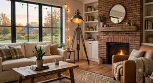 Modern farmhouse living room featuring a tall industrial tripod floor lamp with warm ambient lighting