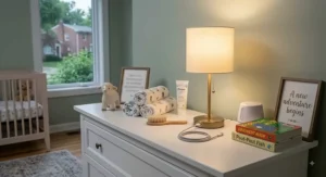 Soft light USB table lamp acting as a night light on a nursery dresser in a baby bedroom
