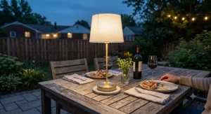 Waterproof outdoor cordless rechargeable table lamp set on a patio dining table during an evening backyard dinner