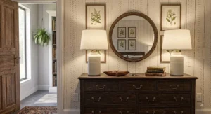 Pair of matching ceramic table lamps flanking a bedroom dresser for balanced lighting