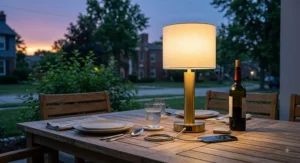 Portable USB table lamp casting soft light on an outdoor patio dining table at dusk