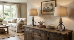 Rustic farmhouse buffet table lamps with linen shades on a distressed living room sideboard