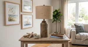 Rustic farmhouse table lamp with a weathered wood base on an accent table in a living room