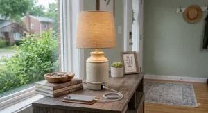 Rustic farmhouse USB table lamp placed on an entryway console table with decorative accents