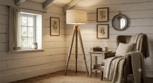 Rustic wood tripod floor lamp illuminating a cozy farmhouse style bedroom corner