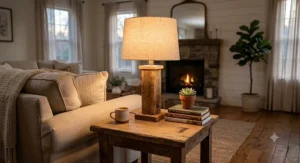 Rustic farmhouse wooden table lamp on a rustic end table adding warm ambient lighting.