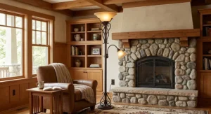 Rustic style torchiere floor lamp with built-in reading light in a craftsman living area