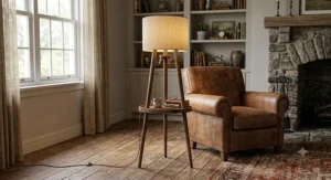 Rustic walnut finish itripod floor lamp with attached table shelf and textured linen lampshade
