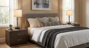 Pair of sleek modern bedside table lamps with built-in USB charging ports on matching nightstands in a master bedroom