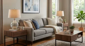 Set of two matching glass table lamps for end tables positioned on either side of a living room sofa.