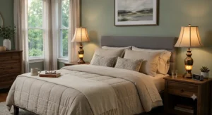 Matching set of two traditional table lamps with night lights positioned on master bedroom nightstands.