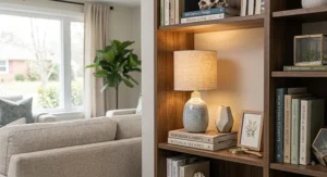 Small decorative accent table lamp glowing on a living room bookshelf unit