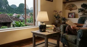 Small dimmable table lamp providing soft accent lighting on a side table in a cozy reading nook.