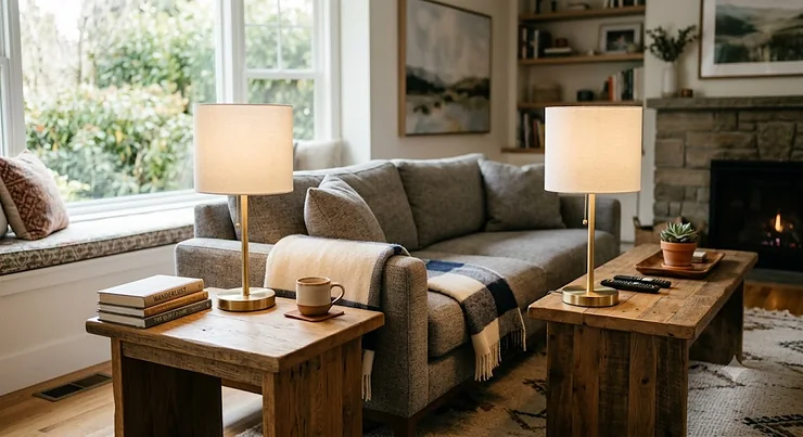 A pair of modern small table lamps with brass bases placed on wooden side tables in a cozy living room. small table lamps for side tables