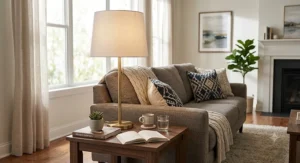 Tall slim table lamp on a sofa end table providing warm task lighting in a living room.