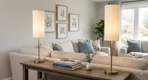 Two tall slender buffet table lamps arranged on a sofa table behind a section couch in a living room