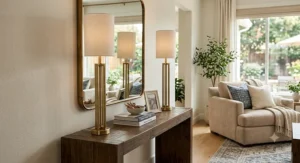 Pair of tall slim buffet table lamps arranged on a living room accent table beside a mirror