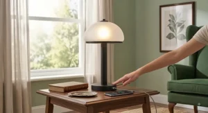 Matte black touch control table lamp featuring dual USB charging ports charging a smartphone