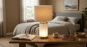Touch control table lamp with built-in night light activated on a wooden bedside console.