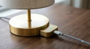 Close-up of a cordless table lamp charging on its magnetic USB-C charging base with an LED power indicator