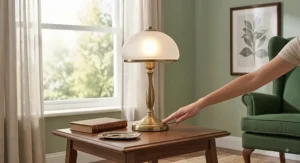 Vintage brass touch control table lamp with a frosted glass shade resting on a living room end table