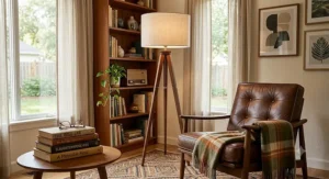 Vintage style mid-century tripod lamp beside a leather armchair in a home reading nook.