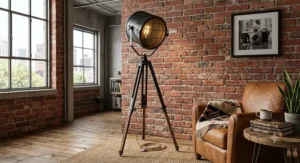 Vintage studio style industrial tripod floor lamp next to an exposed red brick wall
