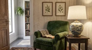 Vintage style ceramic table lamp with brass accents next to an armchair in a reading nook