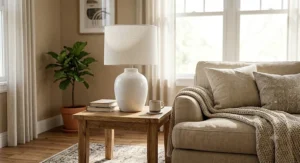 Textured white ceramic table lamp on a wooden end table next to a cozy beige couch.