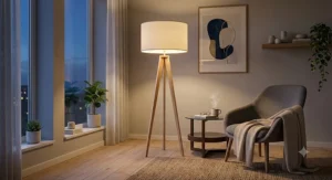 Warm light glowing from a wood tripod floor lamp in a modern evening interior