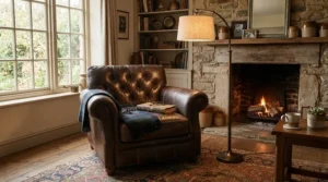 An adjustable dimmable torchiere floor lamp set up in a comfortable family den.