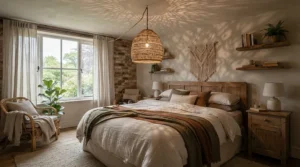 Bohemian aesthetic highlighted through woven bedroom chandeliers under $200 made of natural materials.