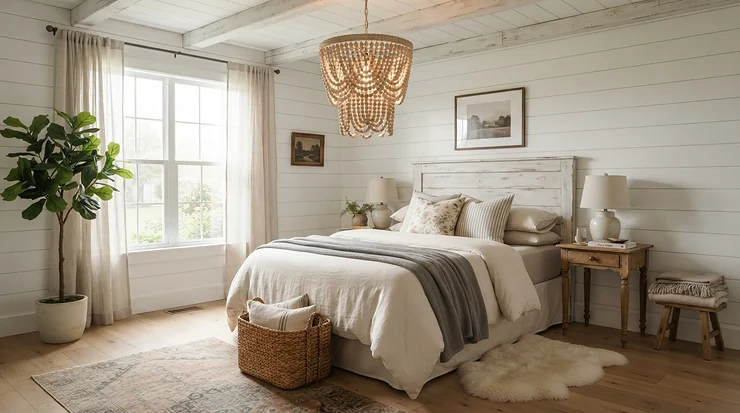 Rustic charm displayed in bedroom chandeliers under $200 accented with draped wooden beads.