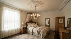 Classic decor pairing bedroom chandeliers under $200 with an ornate white ceiling medallion.