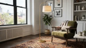 Brushed brass modern torchiere floor lamp adding mid-century elegance to a sophisticated apartment interior.