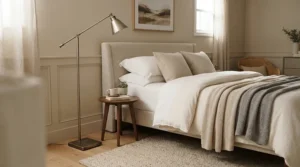 A stylish brushed nickel uplighter torchiere lamp providing warm illumination in a master bedroom.