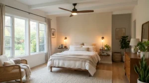 An energy-efficient ceiling fan with light for master bedroom mounted on a vaulted ceiling.