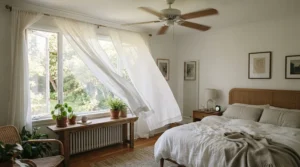 A high-airflow ceiling fan with light for master bedroom keeping the sleeping area cool and comfortable.