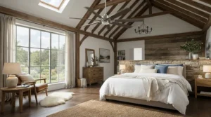 A large ceiling fan with light for master bedroom circulating air efficiently in a spacious suite.