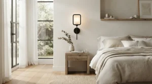 A minimalist ceiling fan with light for master bedroom complementing neutral decor and furnishings.