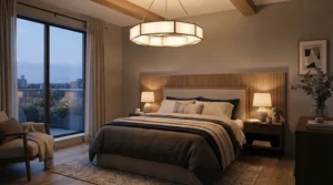 A stylish ceiling fan with light for master bedroom featuring sleek blades and dimmable LEDs.